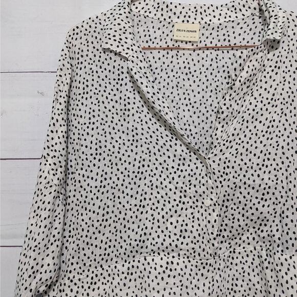 Zulu & Zephyr Beach Linen Long Sleeve Dotted Tunic Romper White Black Women's 10 - Picture 5 of 11